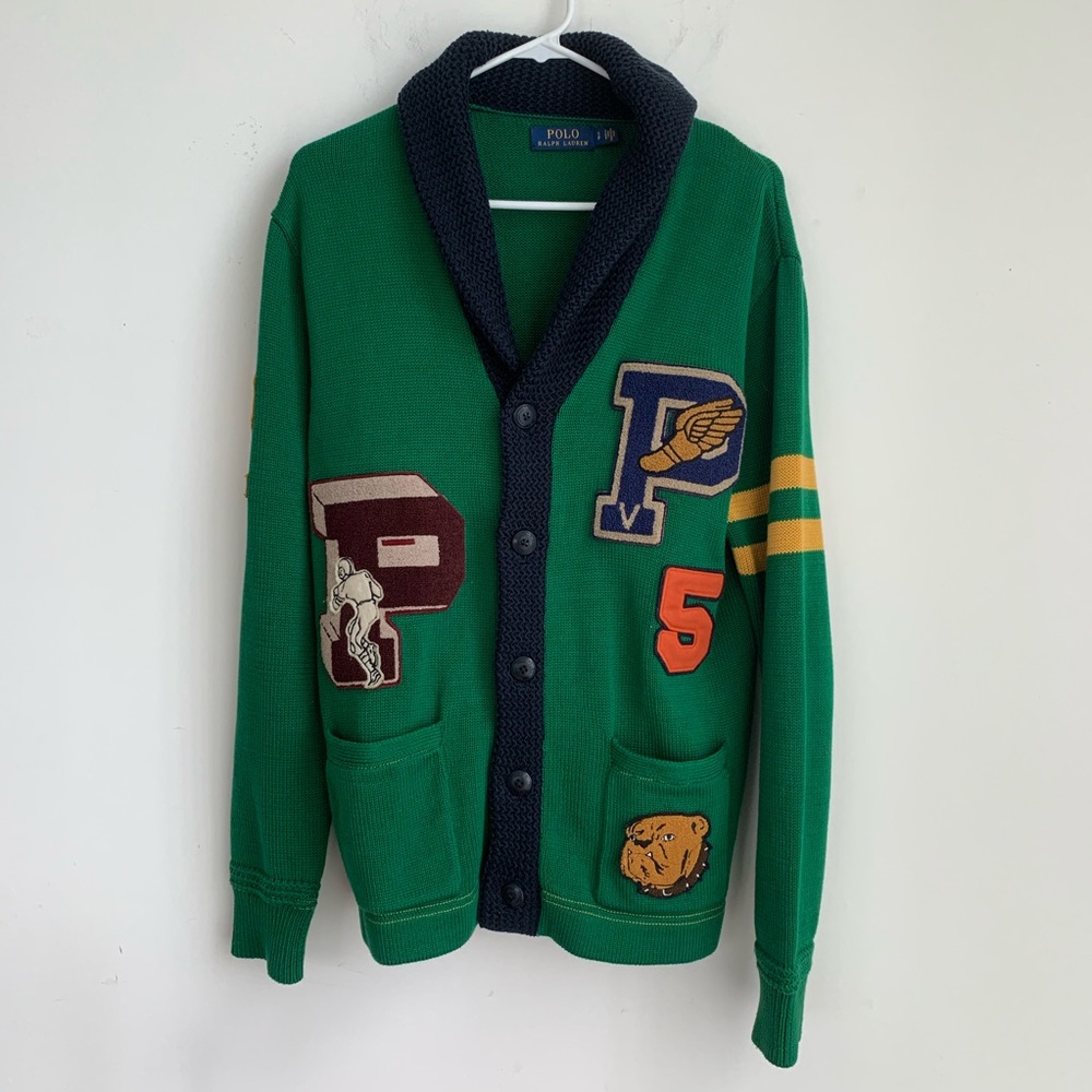 Polo Ralph Lauren Patched Varsity Green cardigan.